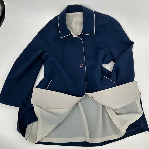 Classic Navy Blue Gray Trim Button Front Women's Trench Coat Jacket Made in USA - Picture 9 of 15